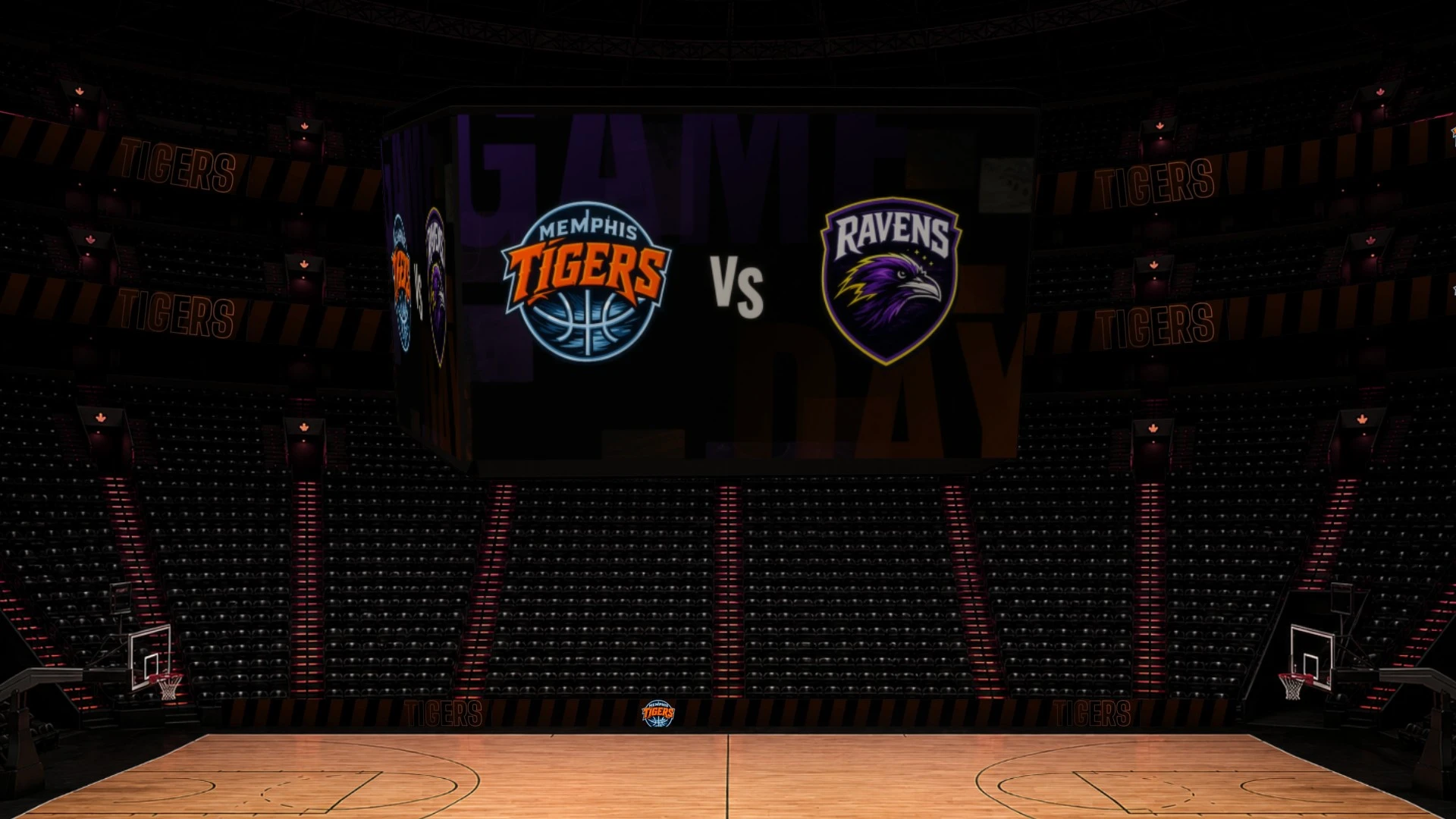 Arena render with main screen and ribbons running
